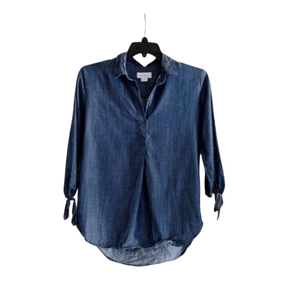 Liz Claiborne Women's Navy Washed Chambray Lyocell Tie Sleeve Top